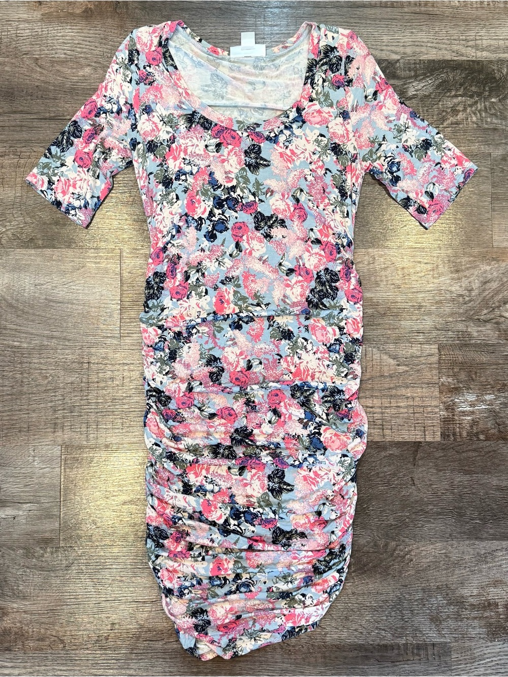 Motherhood Maternity Knee Length Floral Pink Blue Dress Small Stretchy Summer